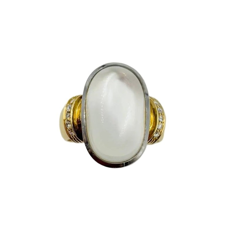 Bague Solitaire en or jaune, or blanc, pierre de lune et diamants - Castafiore