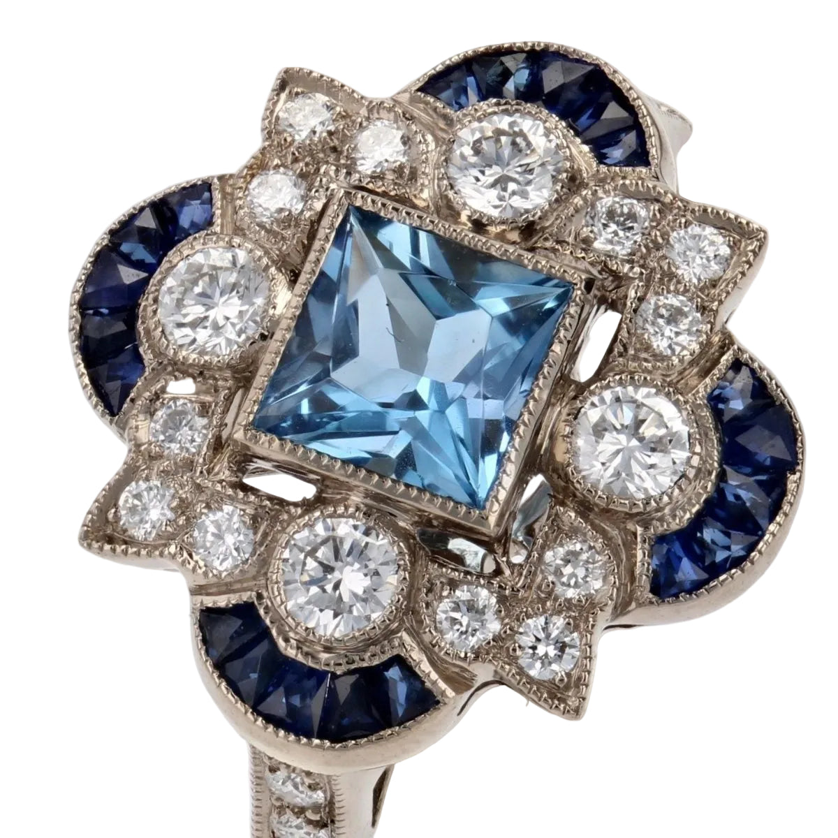 Bague style Art déco aigue - marine diamants saphirs - Castafiore