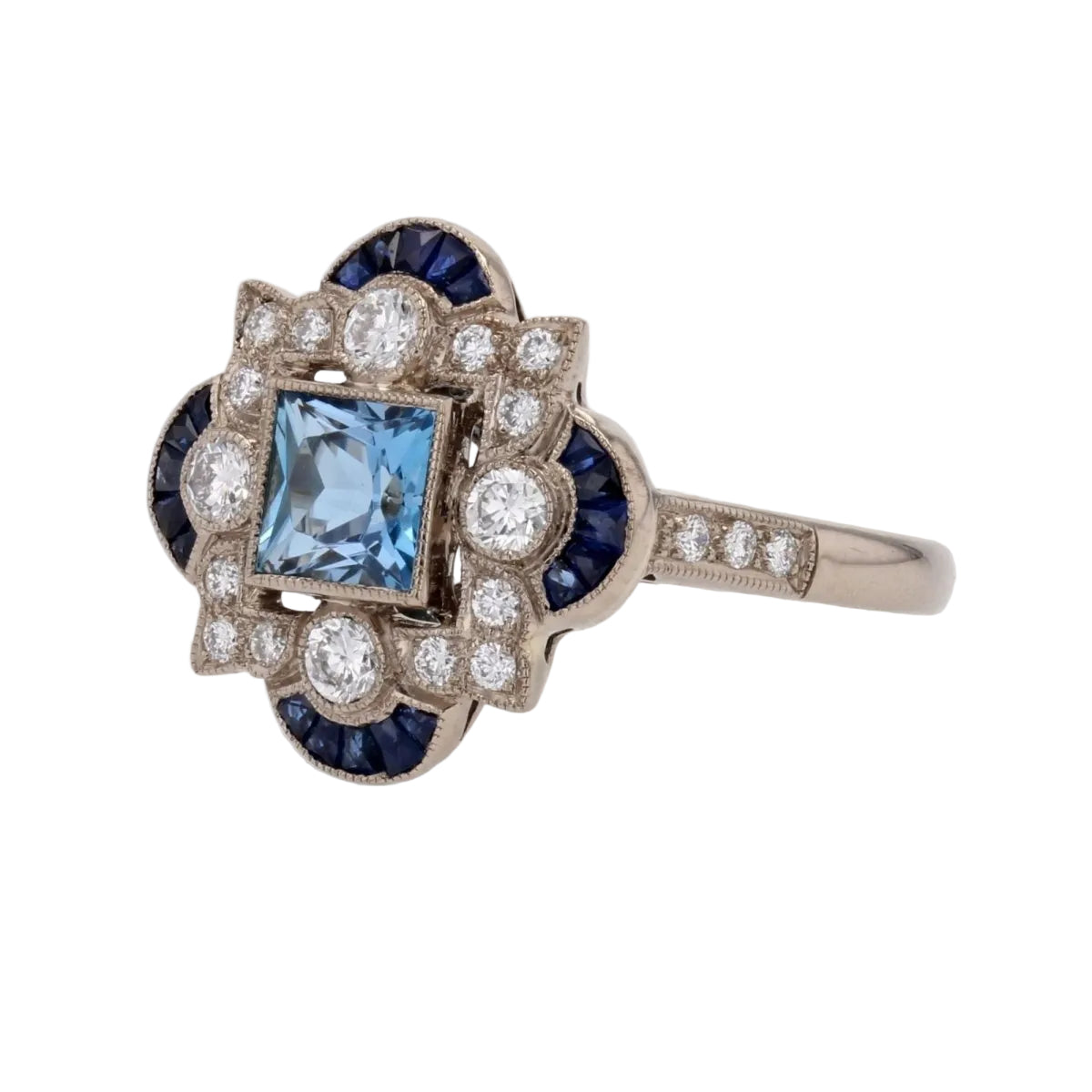 Bague style Art déco aigue - marine diamants saphirs - Castafiore