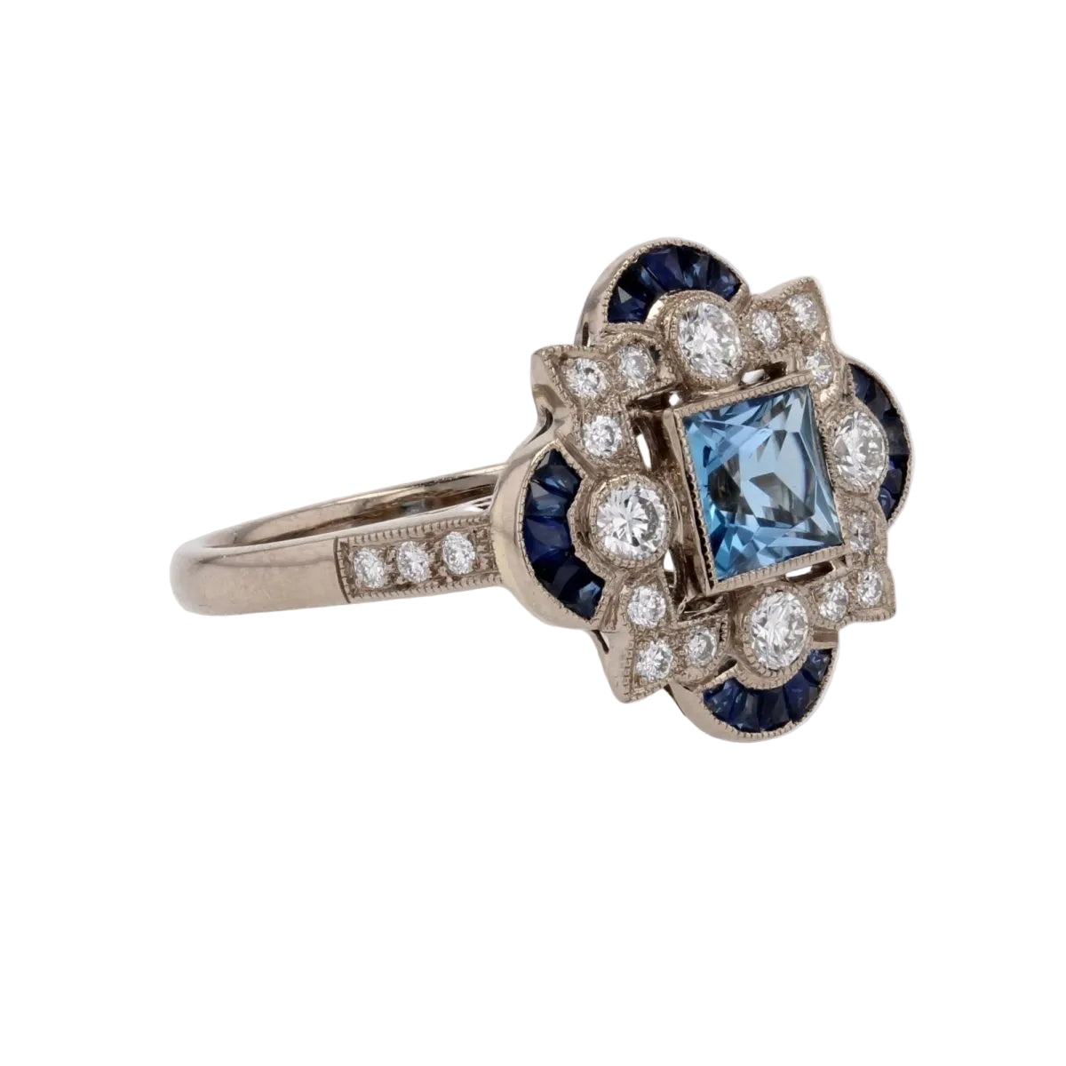 Bague style Art déco aigue - marine diamants saphirs - Castafiore
