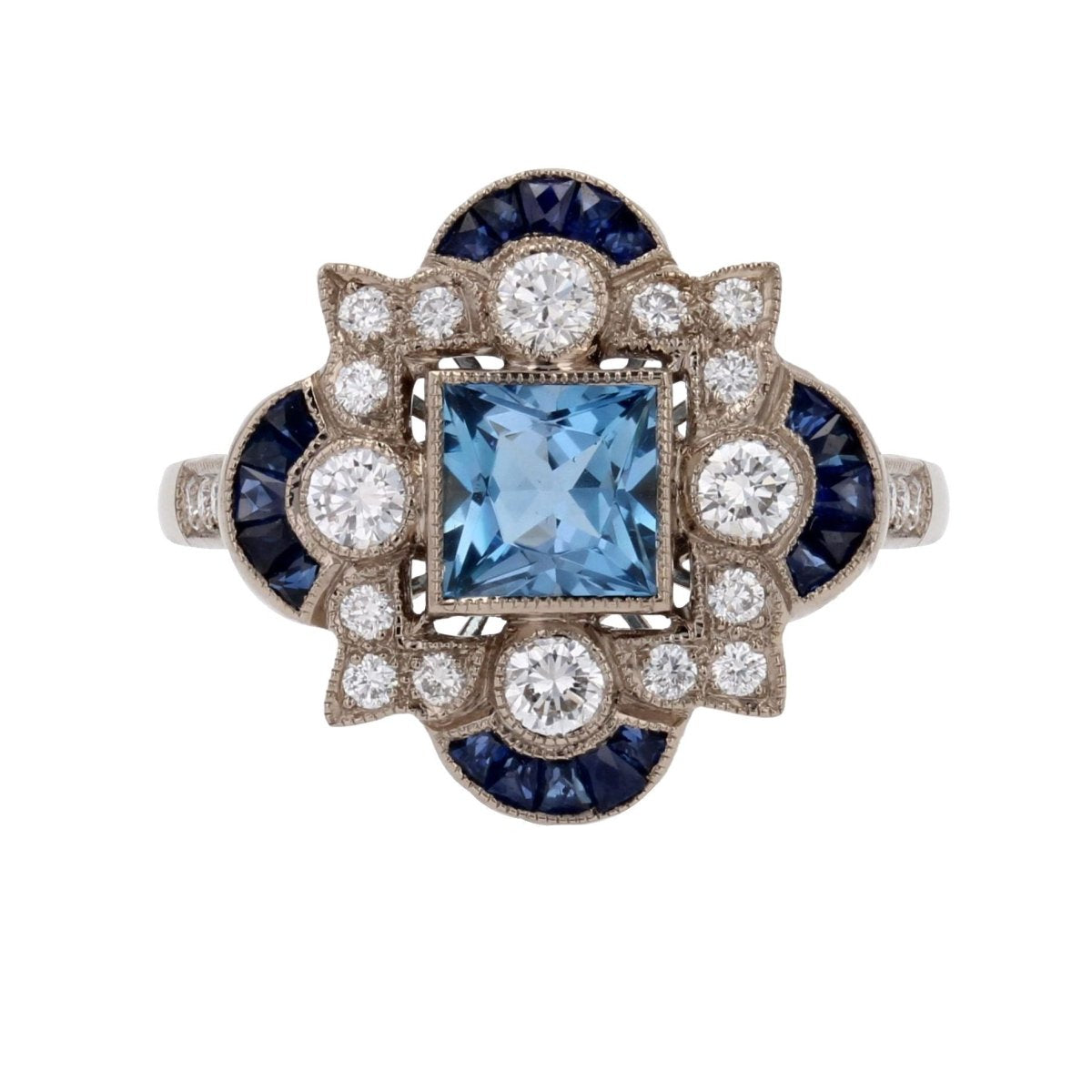 Bague style Art déco aigue - marine diamants saphirs - Castafiore