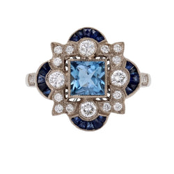 Bague style Art déco aigue - marine diamants saphirs - Castafiore