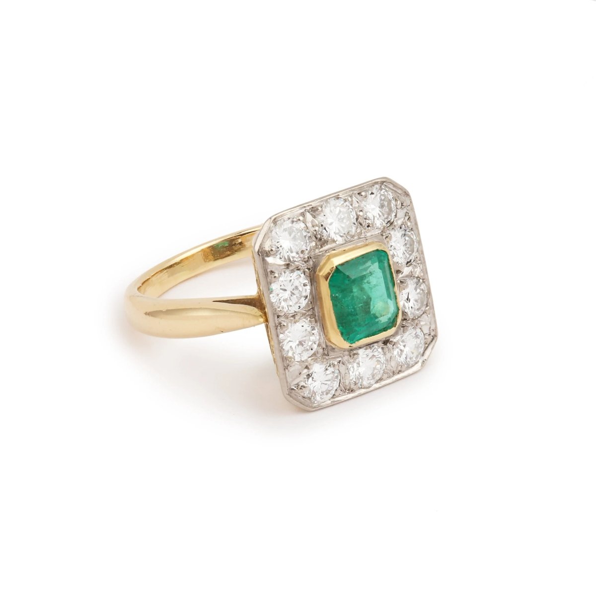 Bague Style Art - Déco Emeraude Colombienne Diamants Platine Or Jaune 18 Carats - Castafiore