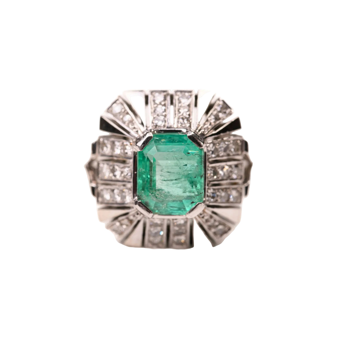 Bague style Art Déco émeraude colombienne en or blanc et platine - Castafiore