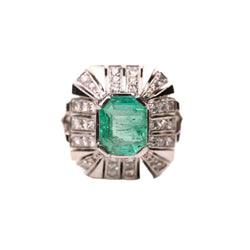 Bague style Art Déco émeraude colombienne en or blanc et platine - Castafiore