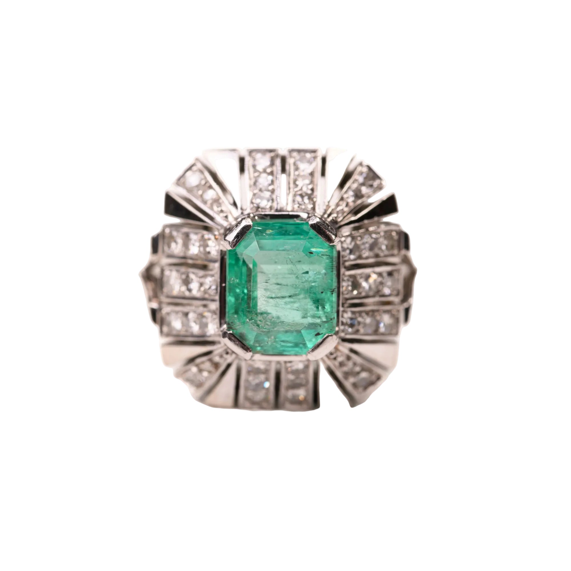 Bague style Art Déco émeraude colombienne en or blanc et platine - Castafiore