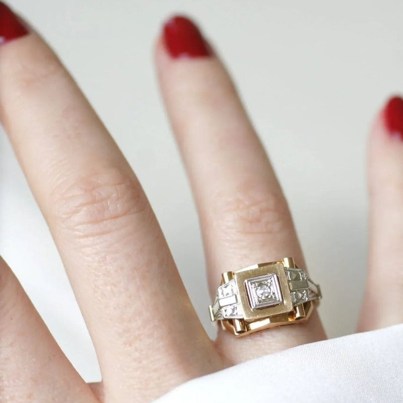 Bague Tank Art Déco deux ors et diamant - Castafiore
