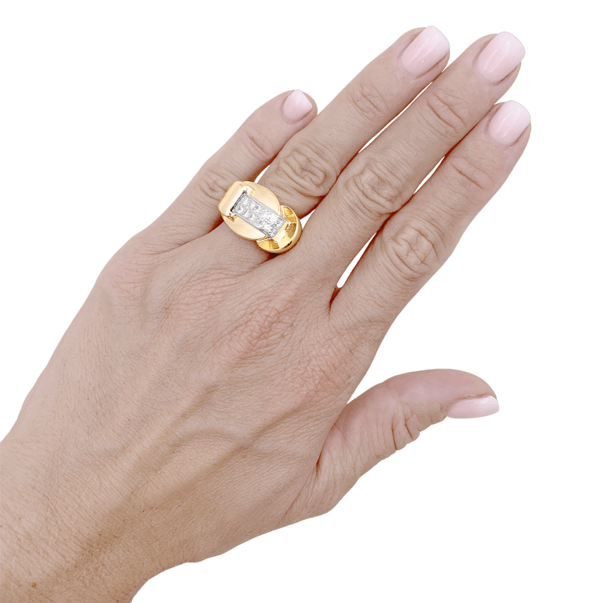 Bague Tank asymétrique en or rose et platine avec diamants - Castafiore