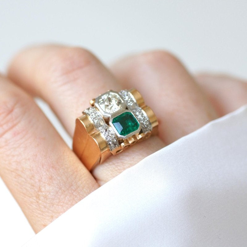 Bague Tank Emeraude Colombienne et Diamants - Castafiore