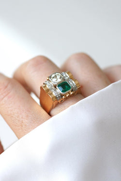 Bague Tank Emeraude Colombienne et Diamants - Castafiore