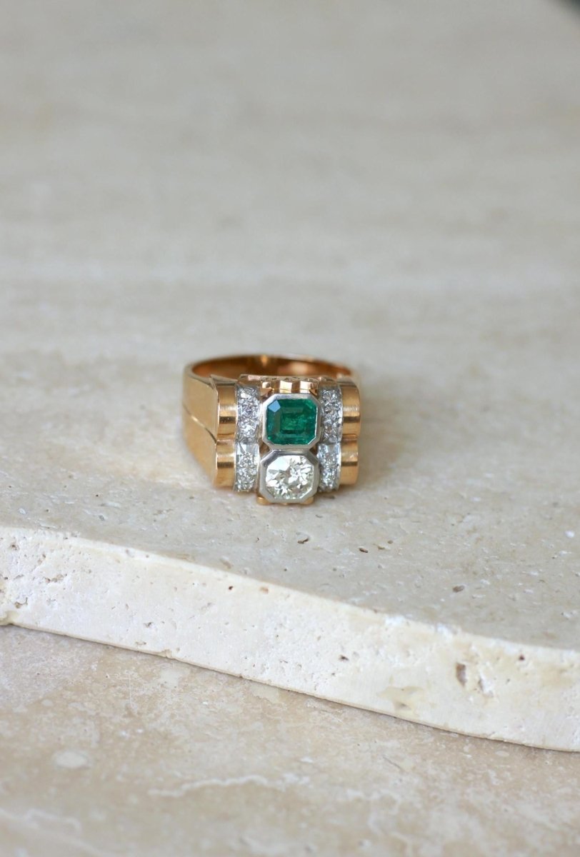 Bague Tank Emeraude Colombienne et Diamants - Castafiore