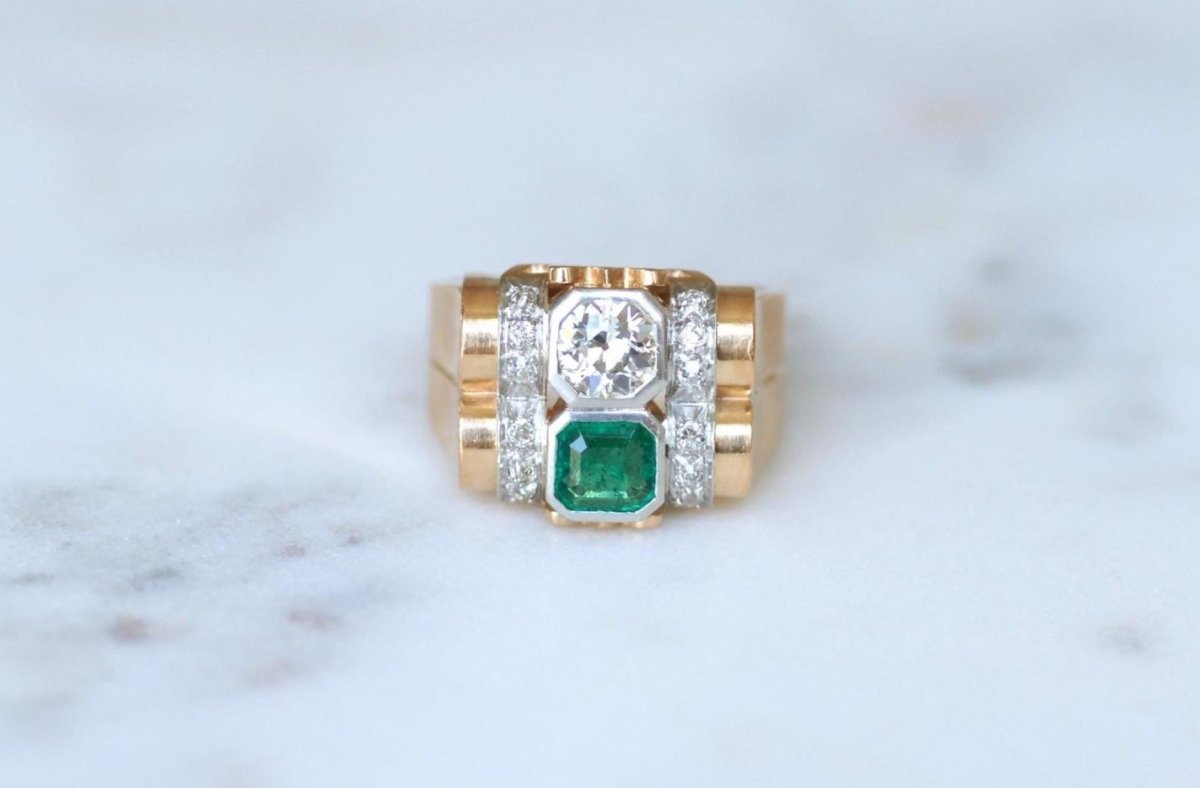 Bague Tank Emeraude Colombienne et Diamants - Castafiore