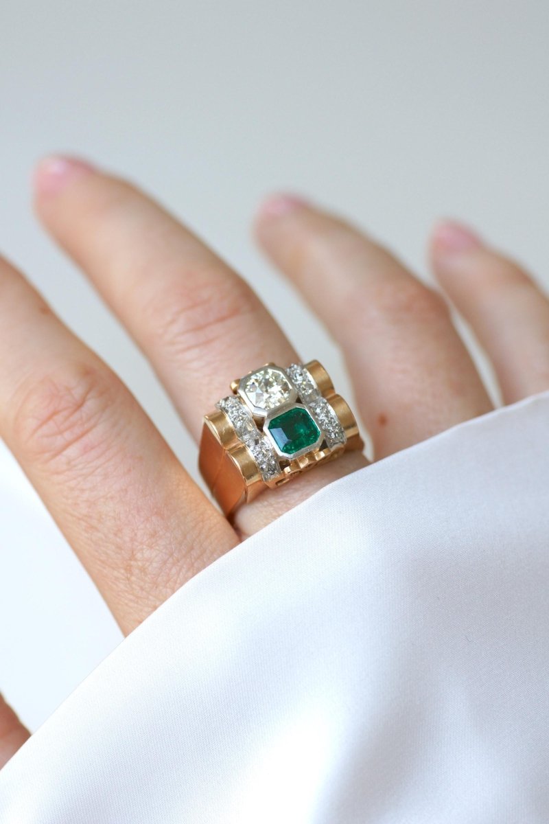 Bague Tank Emeraude Colombienne et Diamants - Castafiore