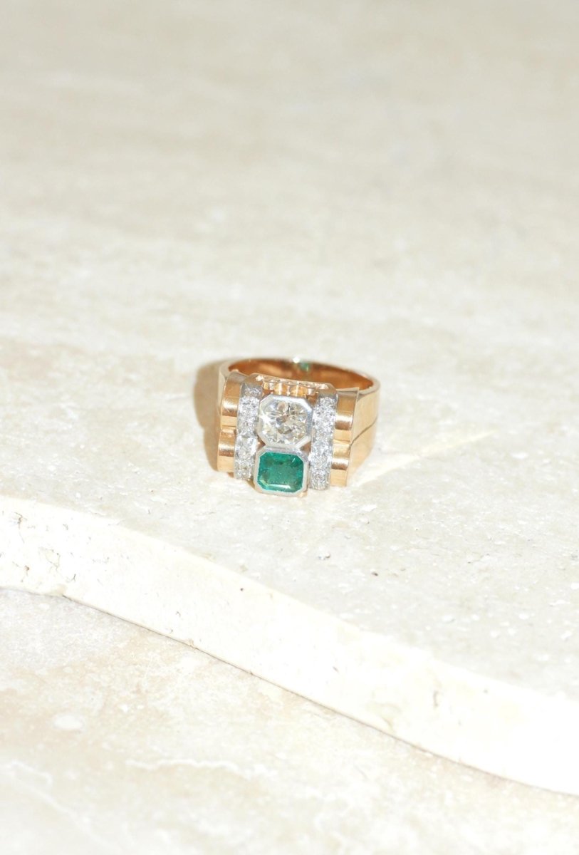 Bague Tank Emeraude Colombienne et Diamants - Castafiore