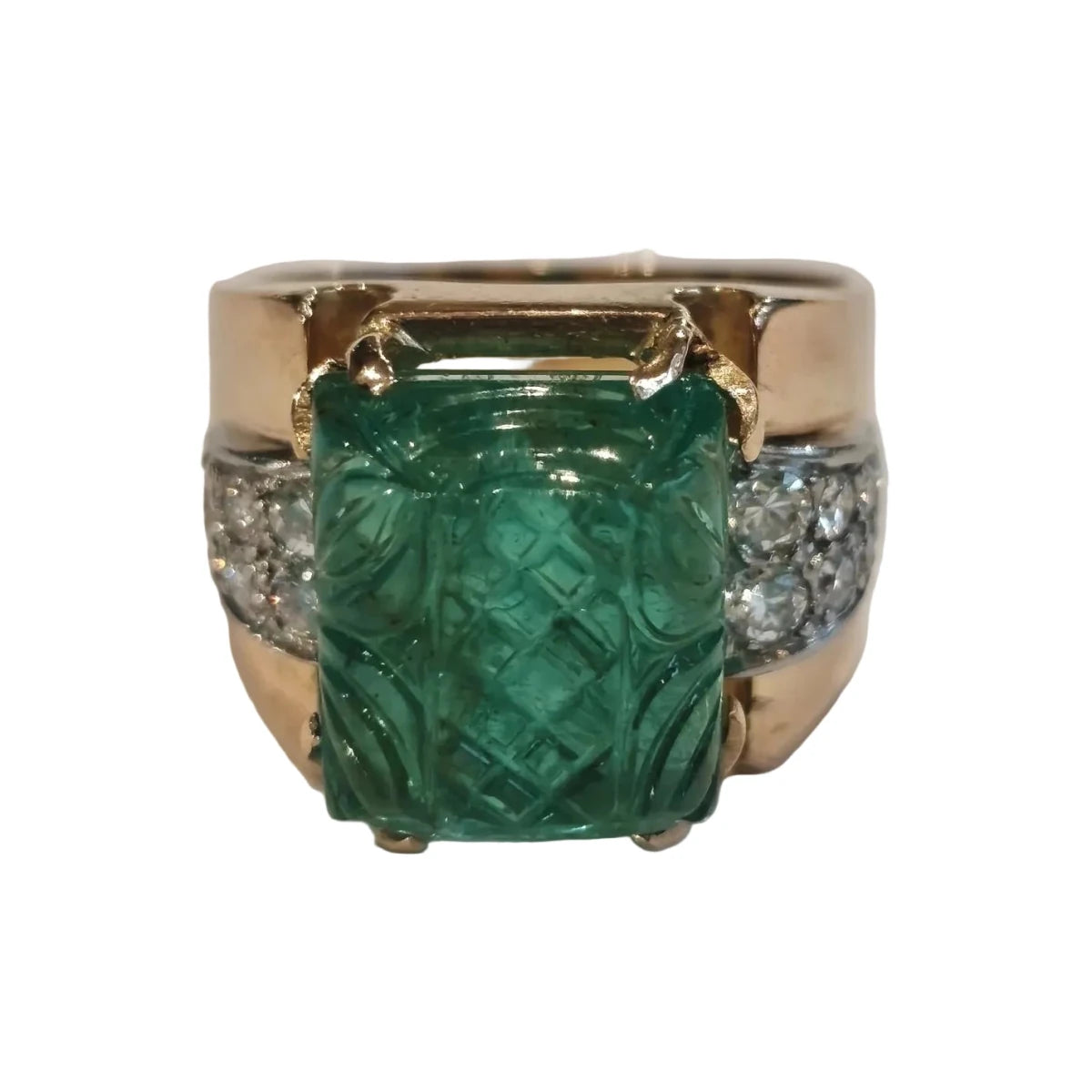 Bague tank en en or blanc, or rose, émeraude et diamants - Castafiore