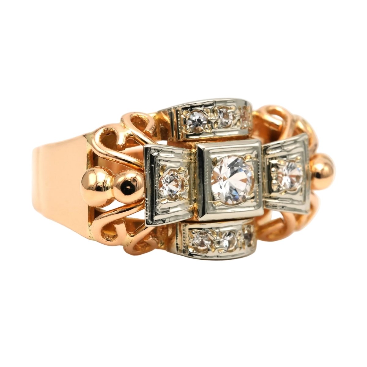 Bague Tank en or blanc, or jaune et zirconiums - Castafiore