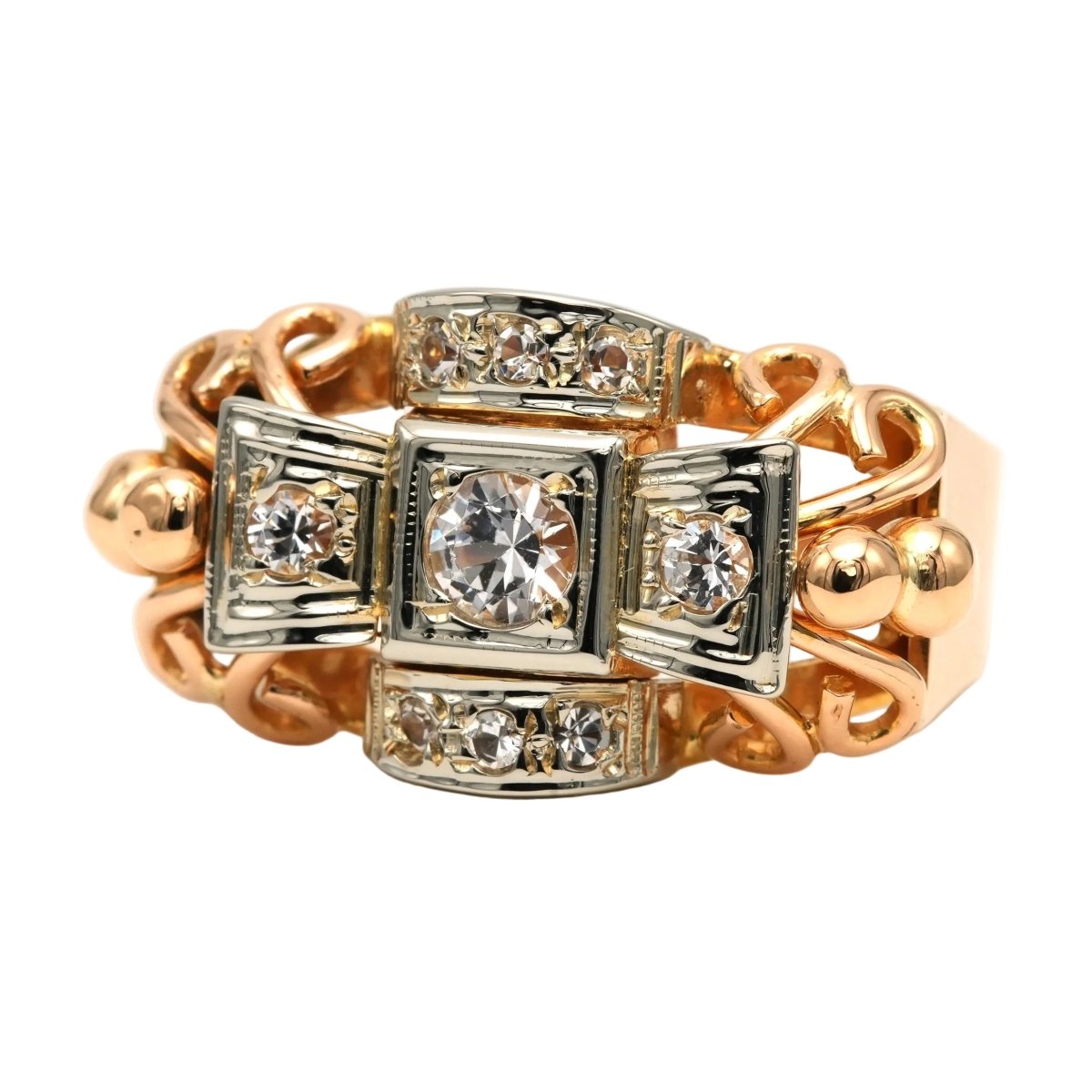 Bague Tank en or blanc, or jaune et zirconiums - Castafiore