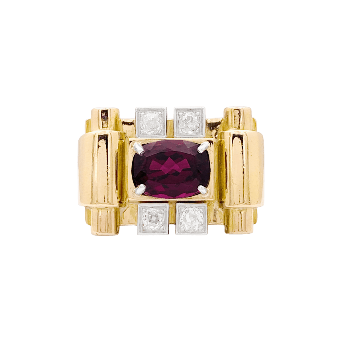 Bague Tank en or blanc, or jaune, grenat et diamants - Castafiore