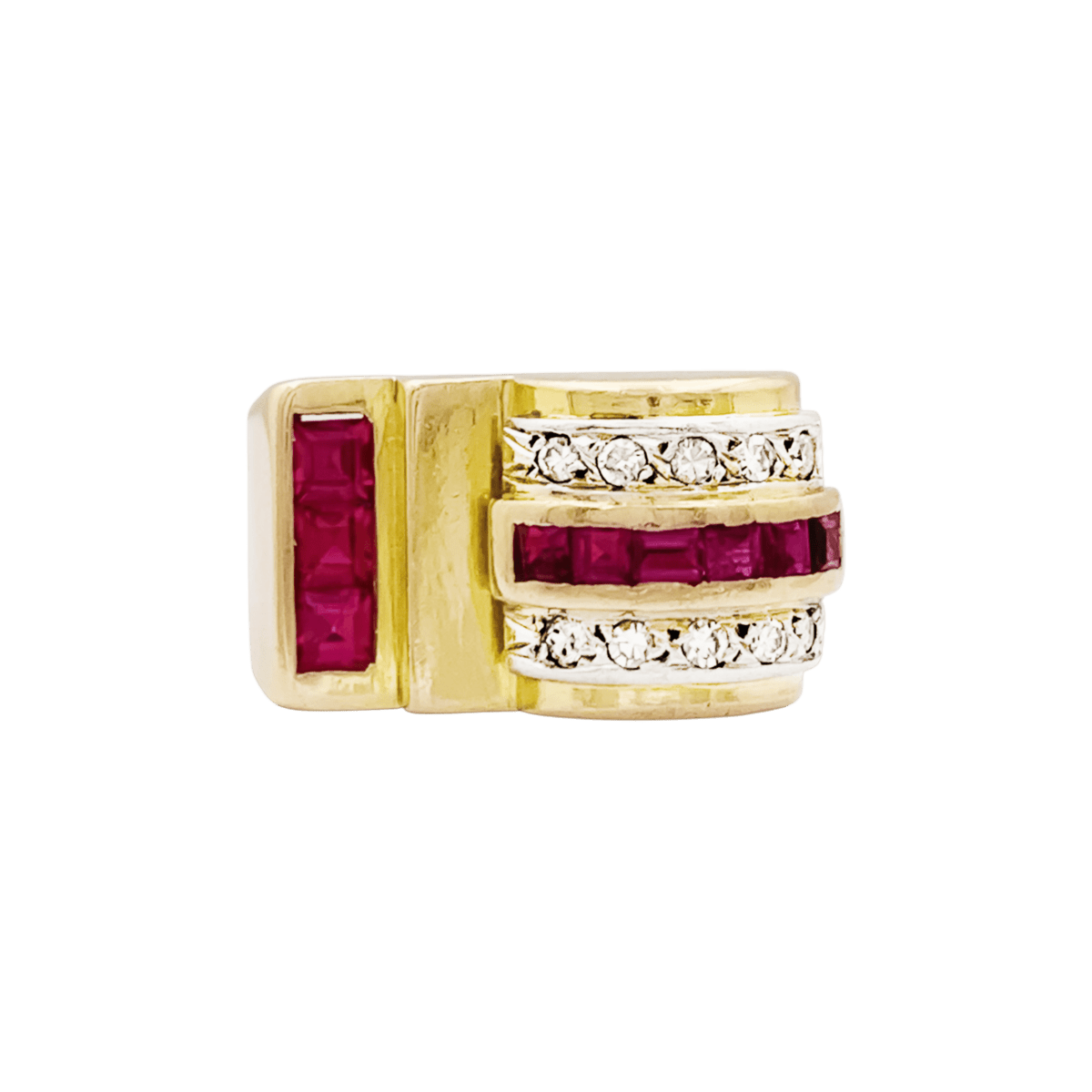 Bague Tank en or blanc, or jaune, rubis et diamants - Castafiore