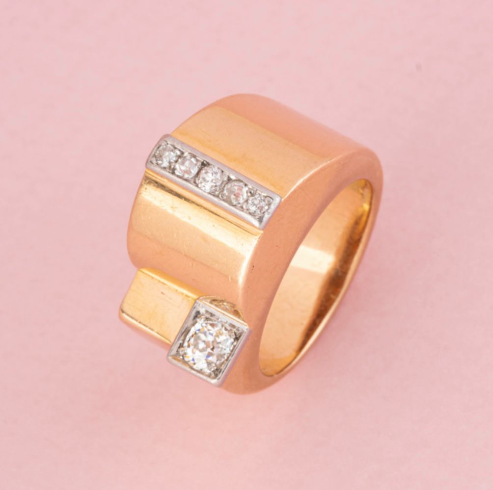 Bague tank en or jaune 18 carats et diamants - Castafiore