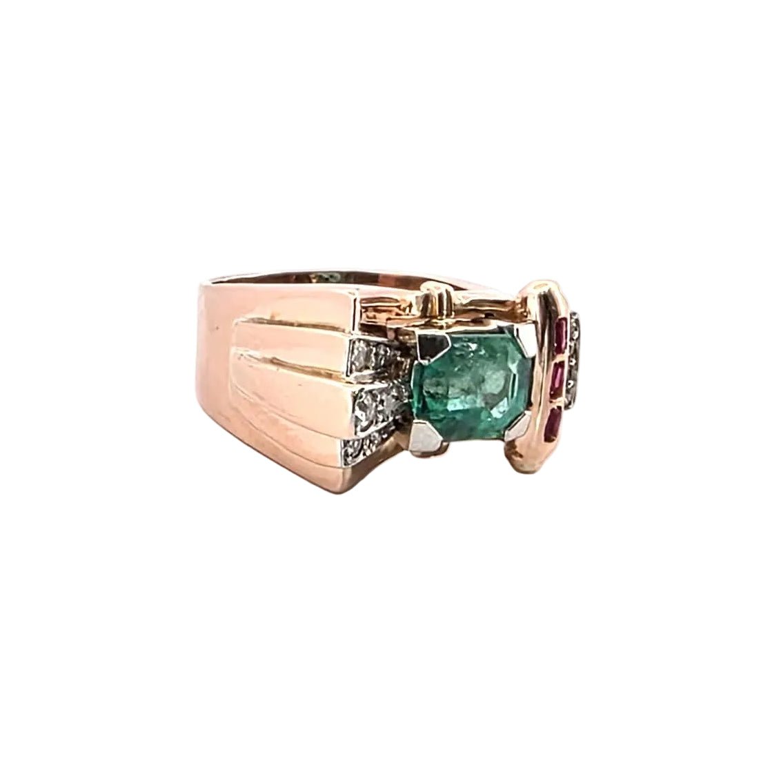 Bague Tank en or jaune, émeraude, rubis et diamants - Castafiore