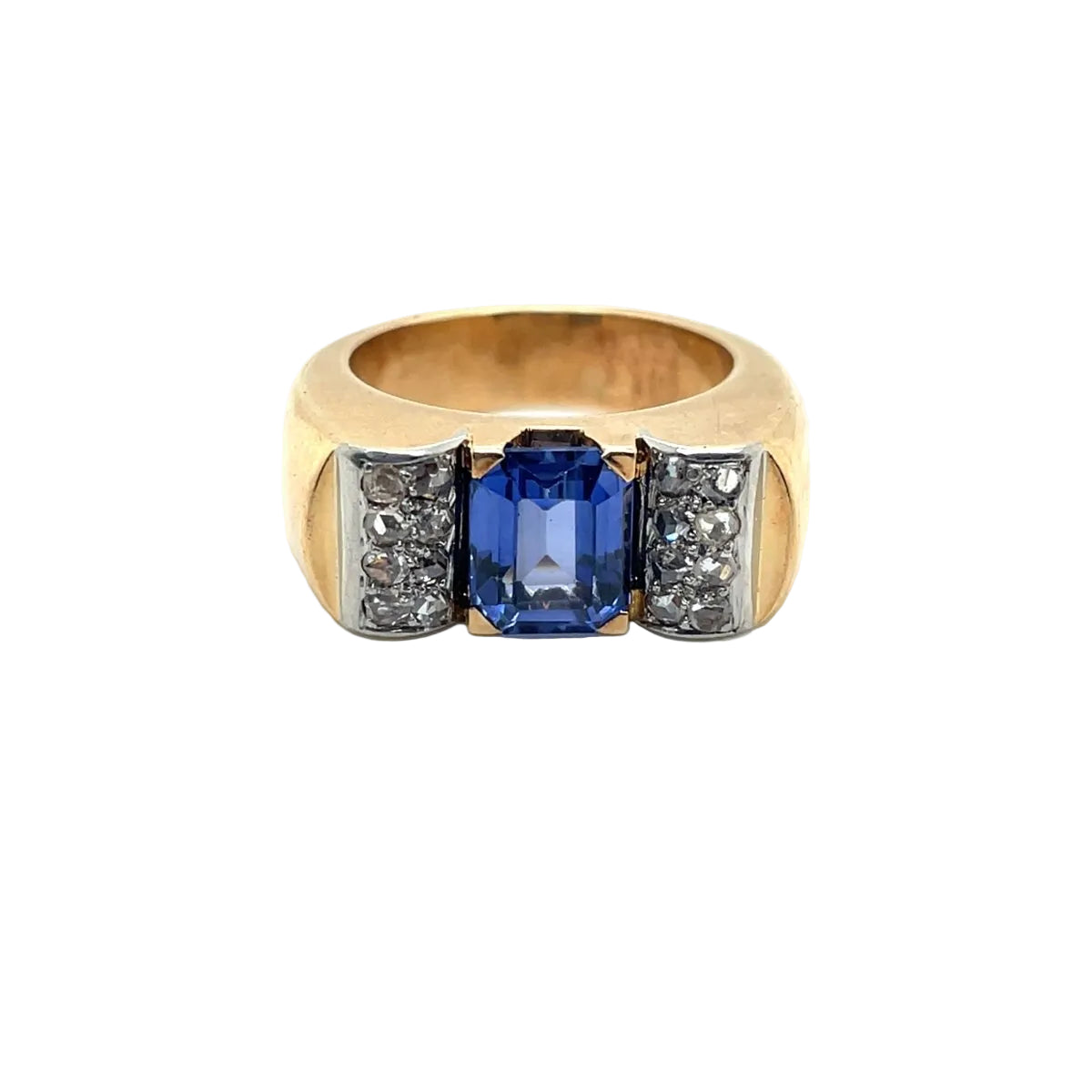 Bague Tank en or jaune et platine avec saphir de synthèse - Castafiore