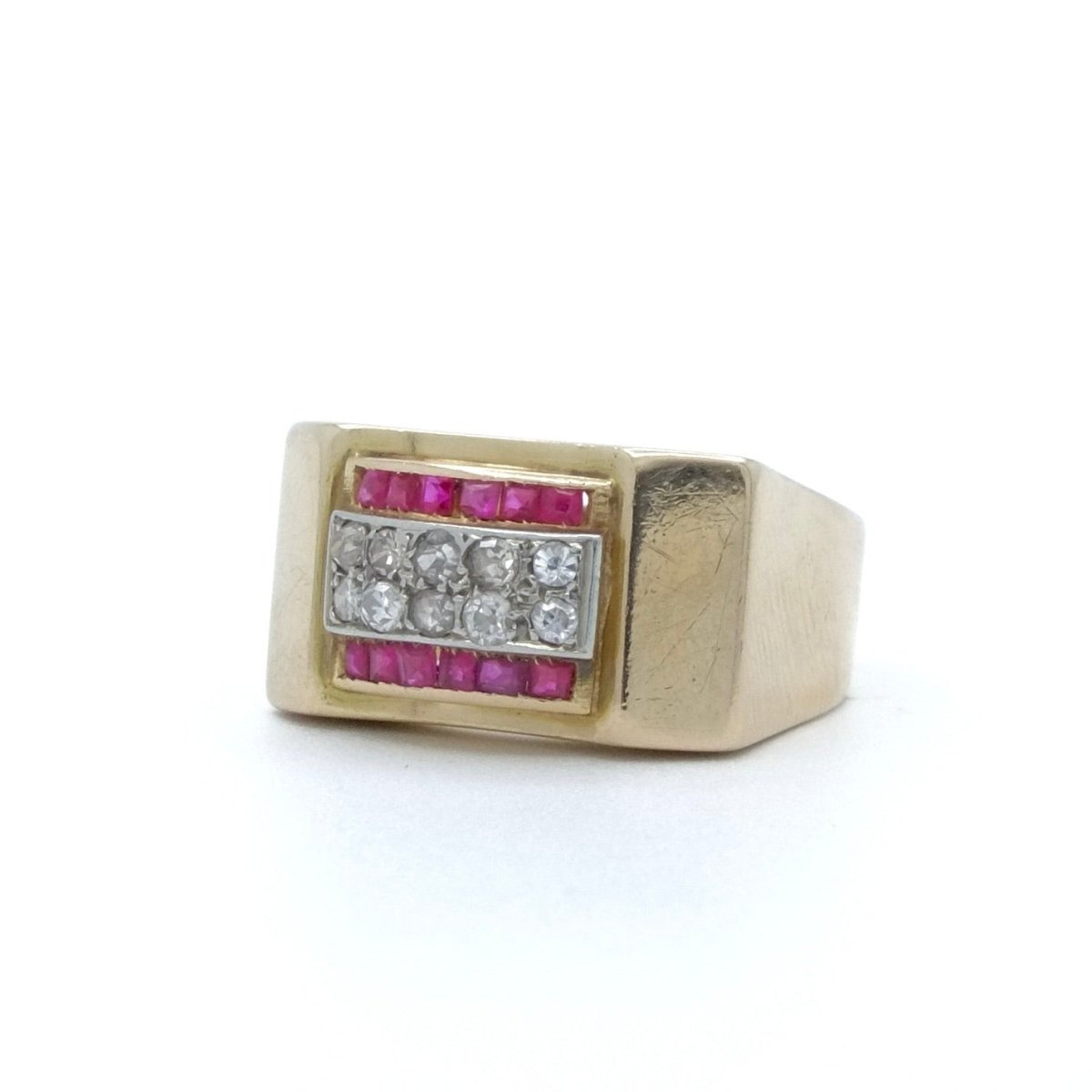 Bague Tank en or jaune, or blanc, rubis et diamants - Castafiore