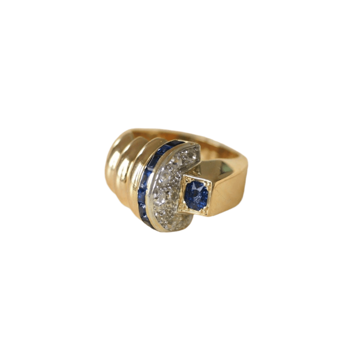 Bague Tank en or jaune, or rose, platine, saphirs et diamants - Castafiore