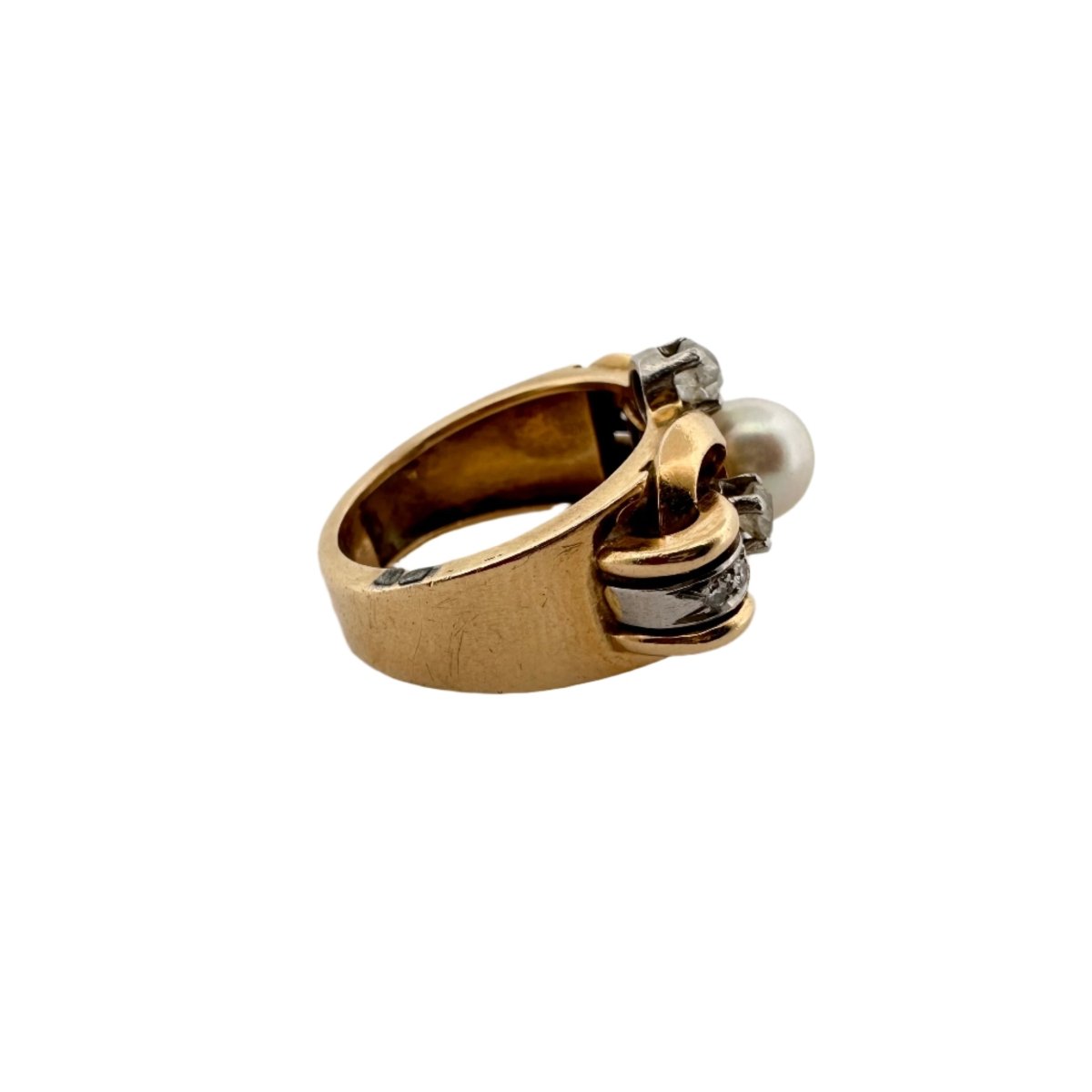 Bague Tank en or jaune, perle et diamants - Castafiore