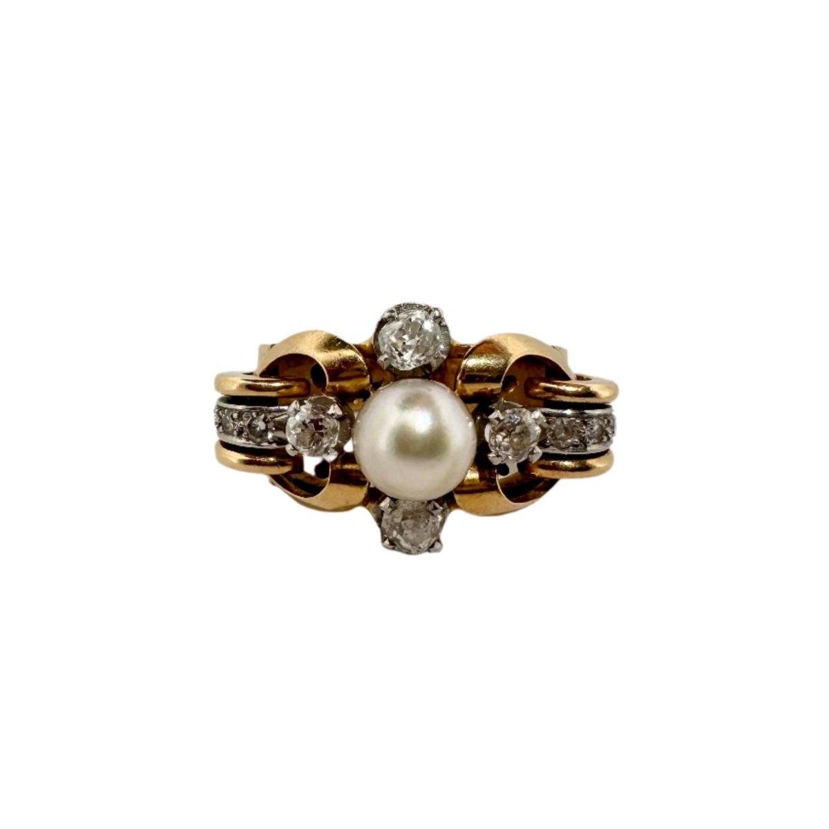 Bague Tank en or jaune, perle et diamants - Castafiore