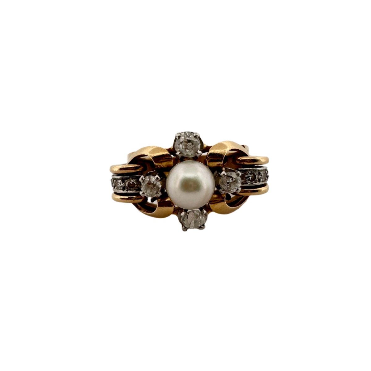 Bague Tank en or jaune, perle et diamants - Castafiore