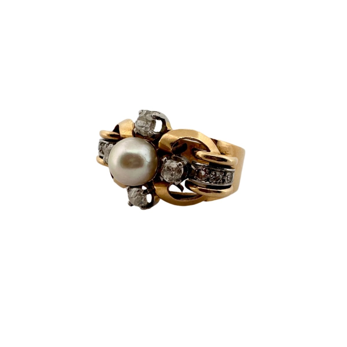 Bague Tank en or jaune, perle et diamants - Castafiore