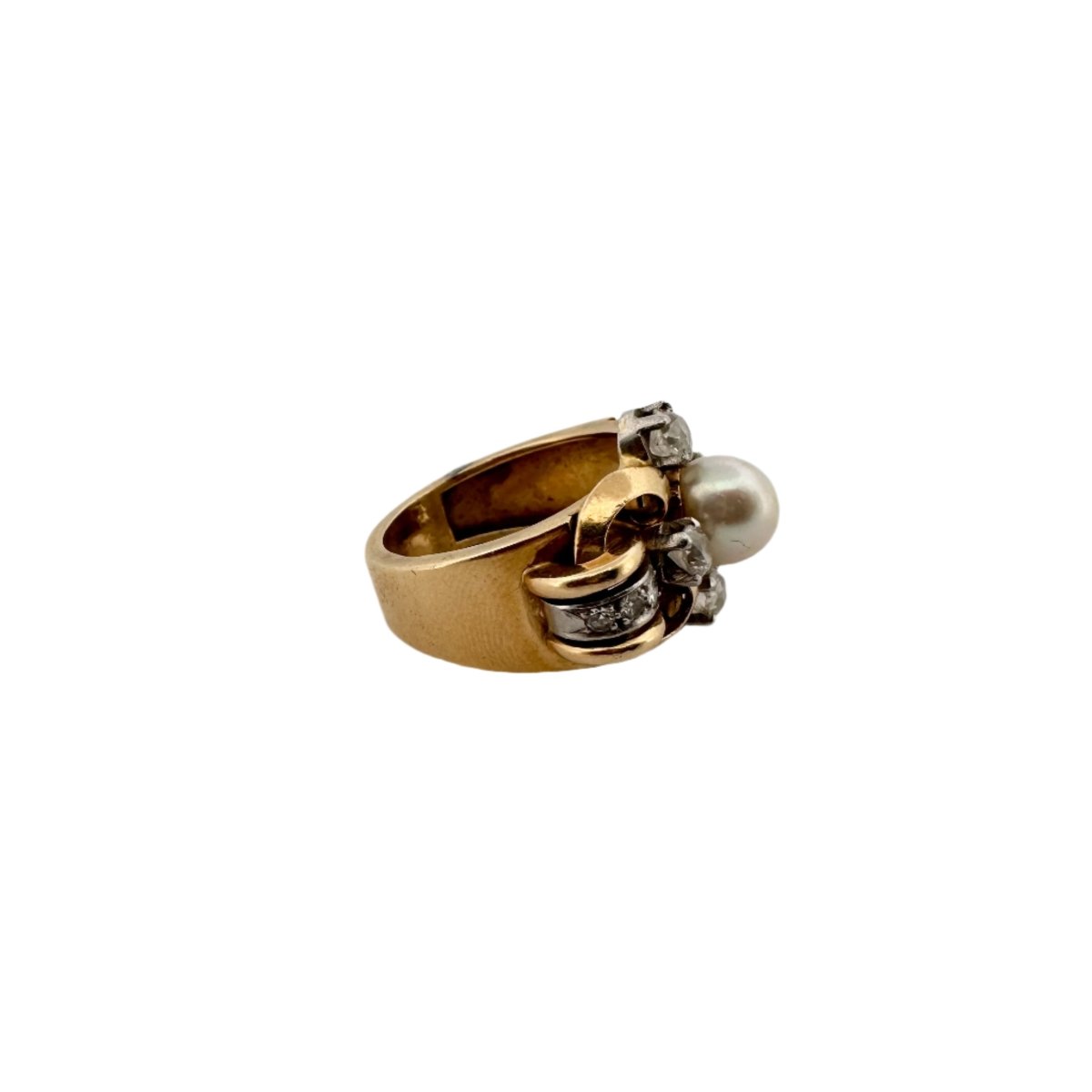 Bague Tank en or jaune, perle et diamants - Castafiore