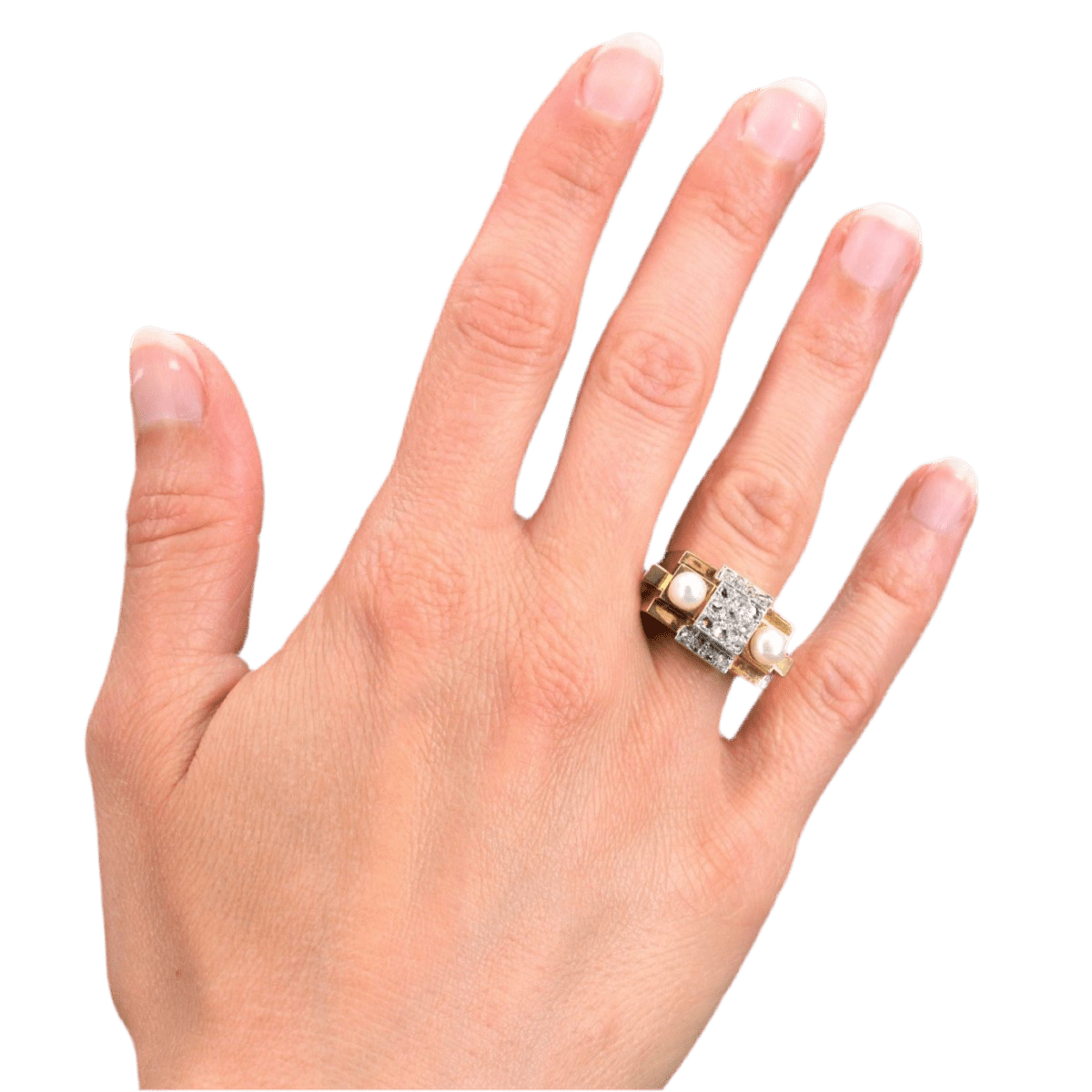 Bague Tank en or jaune, platine, perles et diamants - Castafiore