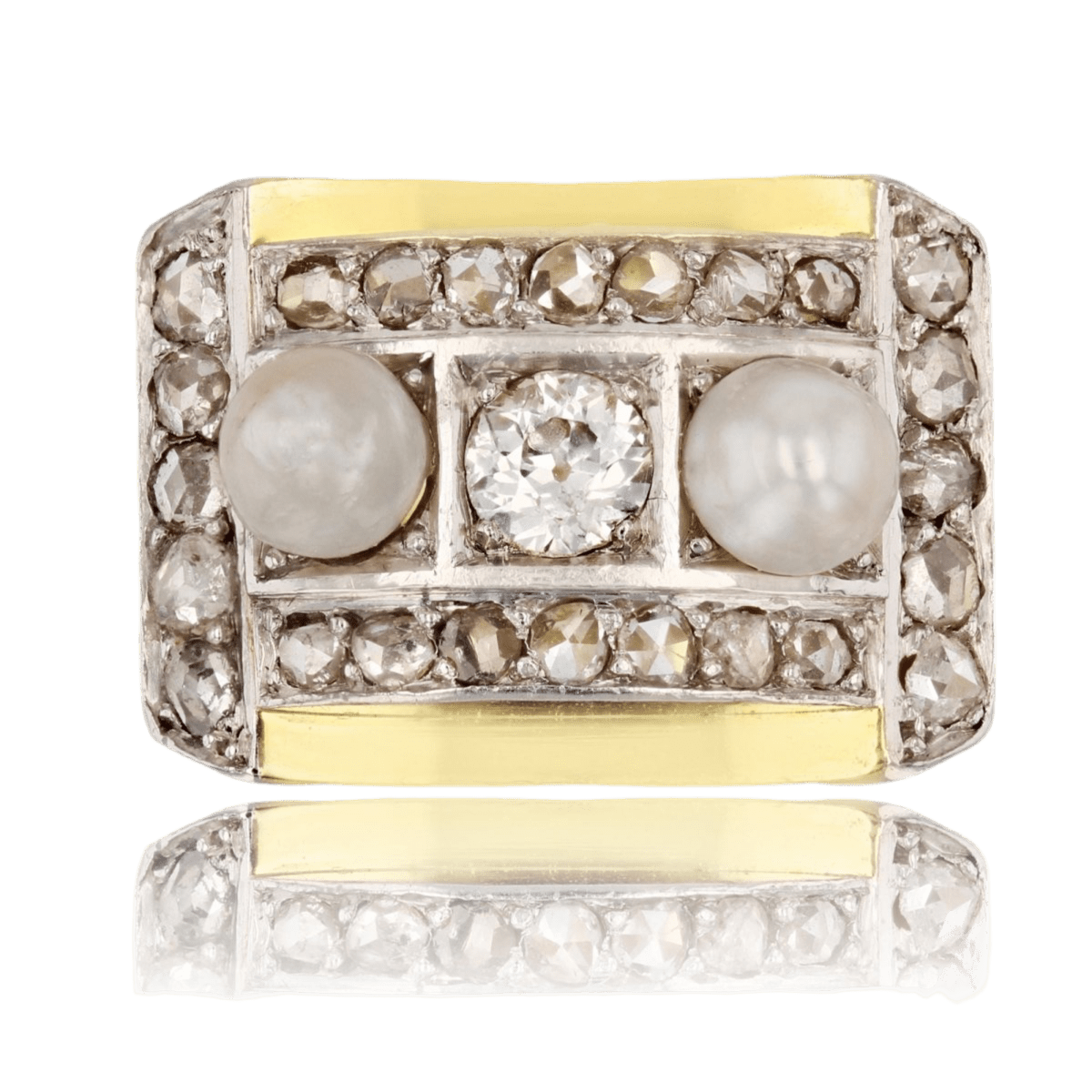 Bague Tank en or jaune, platine, perles et diamants - Castafiore