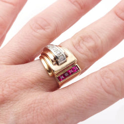 Bague Tank en or jaune, platine, rubis et diamants - Castafiore