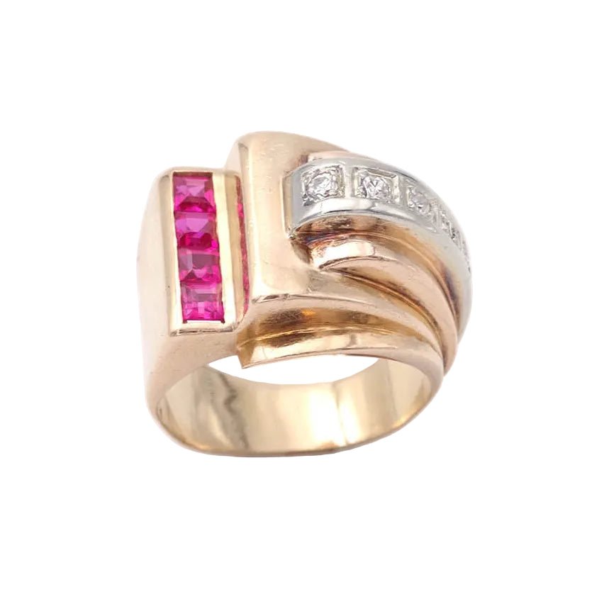 Bague Tank en or jaune, platine, rubis et diamants - Castafiore