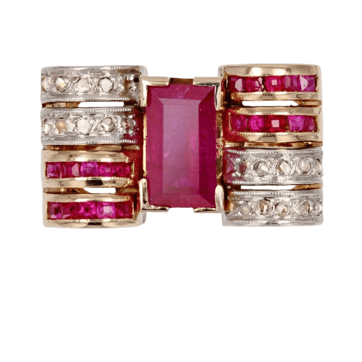 Bague Tank en or jaune, platine, rubis et diamants - Castafiore