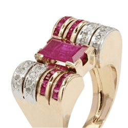 Bague Tank en or jaune, platine, rubis et diamants - Castafiore
