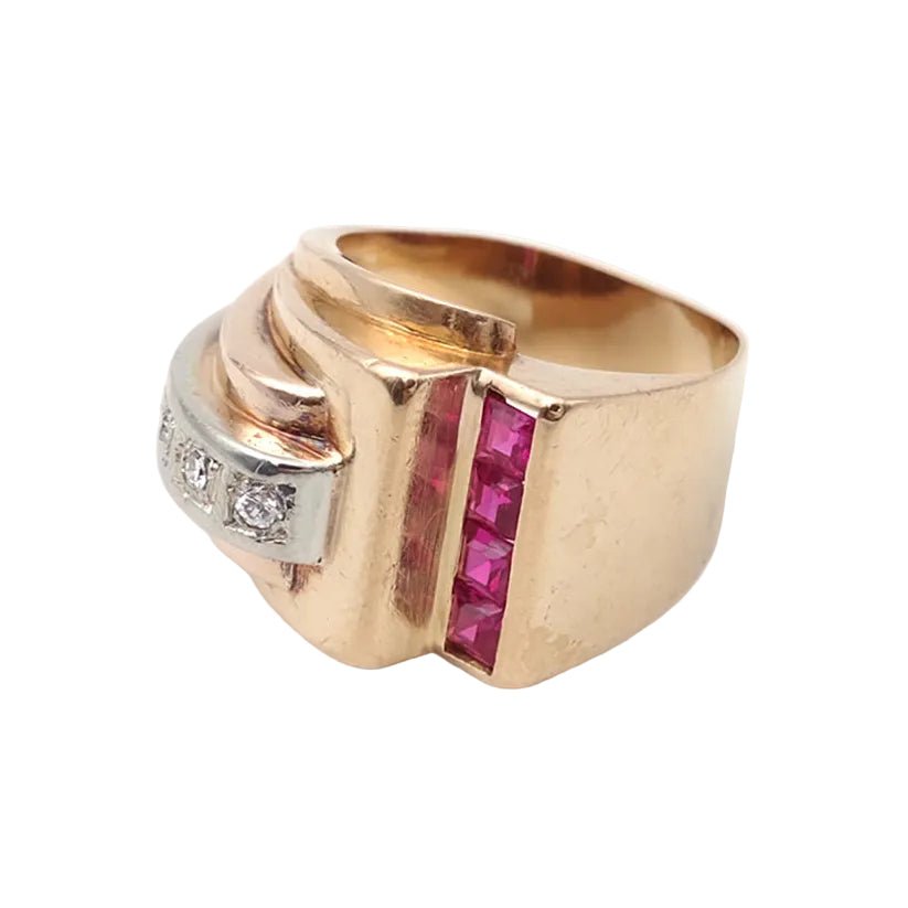 Bague Tank en or jaune, platine, rubis et diamants - Castafiore