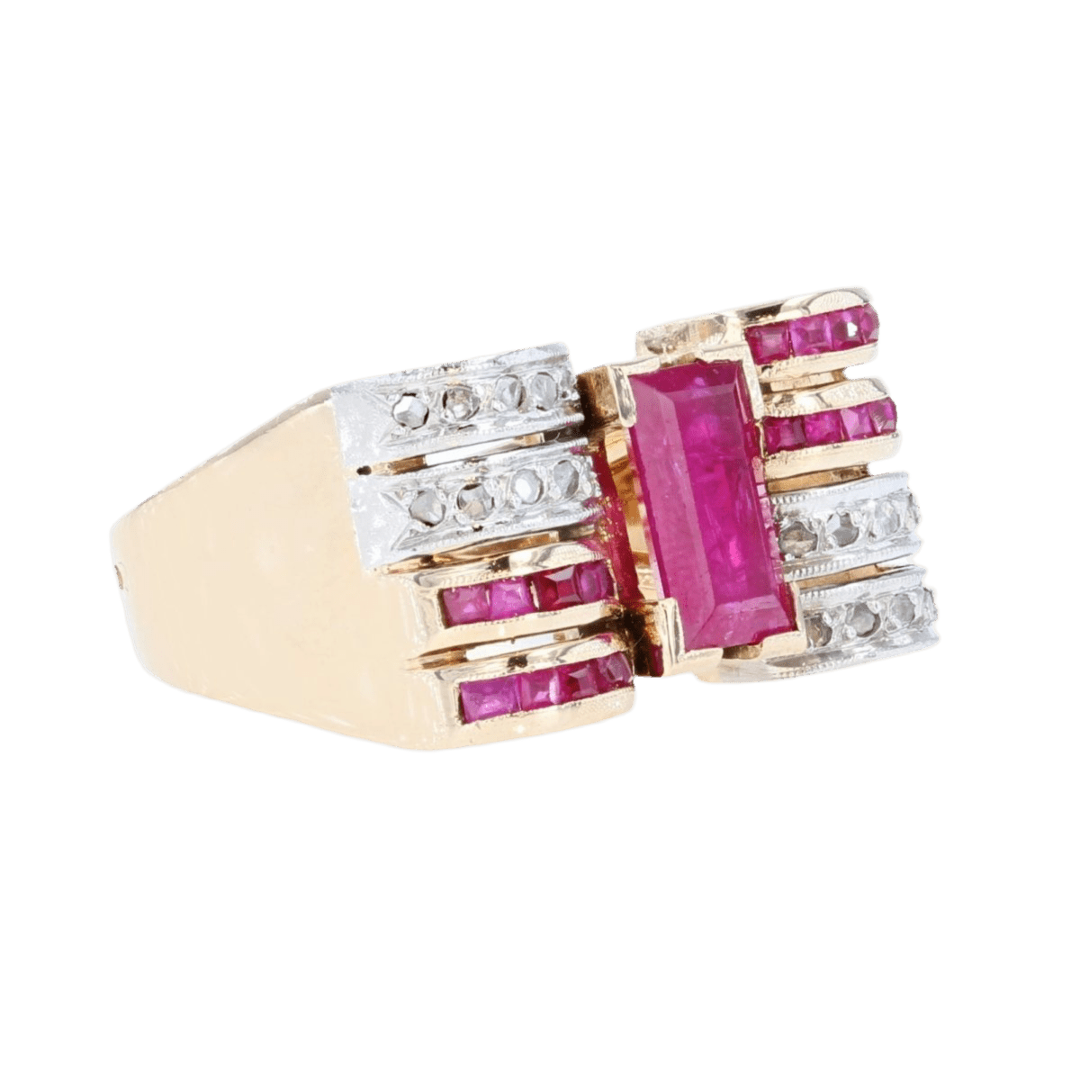 Bague Tank en or jaune, platine, rubis et diamants - Castafiore