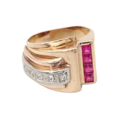Bague Tank en or jaune, platine, rubis et diamants - Castafiore