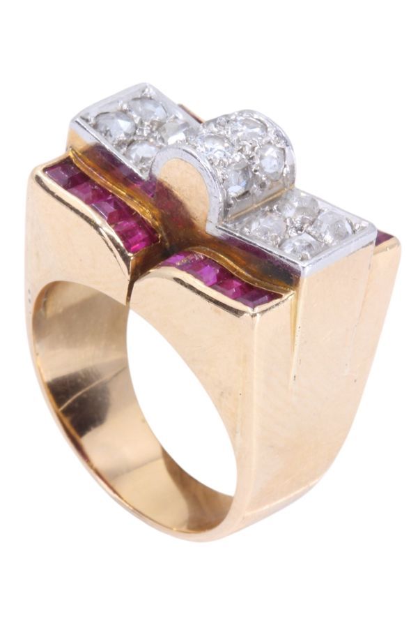 Bague Tank en or jaune, rubis et diamants - Castafiore