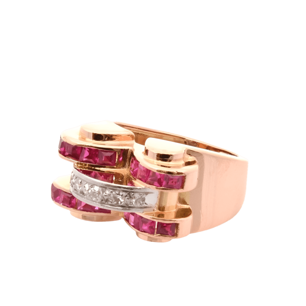 Bague Tank en or jaune, rubis et diamants - Castafiore