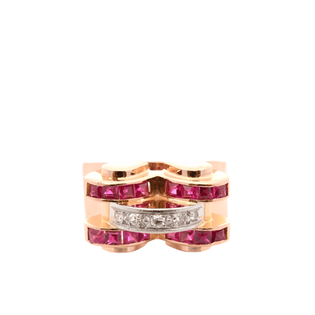 Bague Tank en or jaune, rubis et diamants - Castafiore