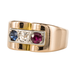 Bague Tank en or jaune, saphir, rubis et diamant - Castafiore