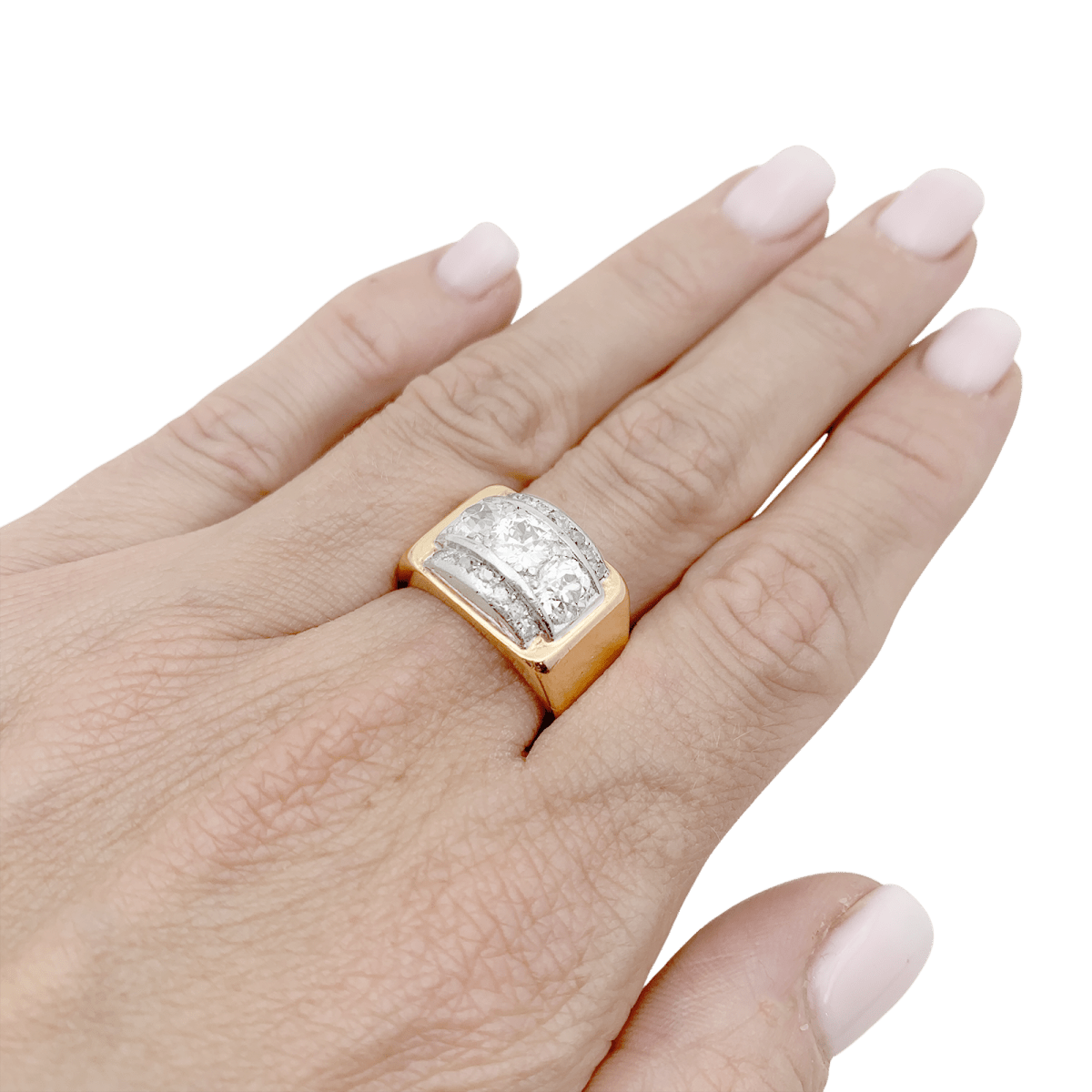 Bague tank en or rose, blanc et diamants. - Castafiore