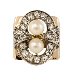 Bague Tank en or rose, platine, perles et diamants - Castafiore