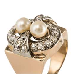 Bague Tank en or rose, platine, perles et diamants - Castafiore
