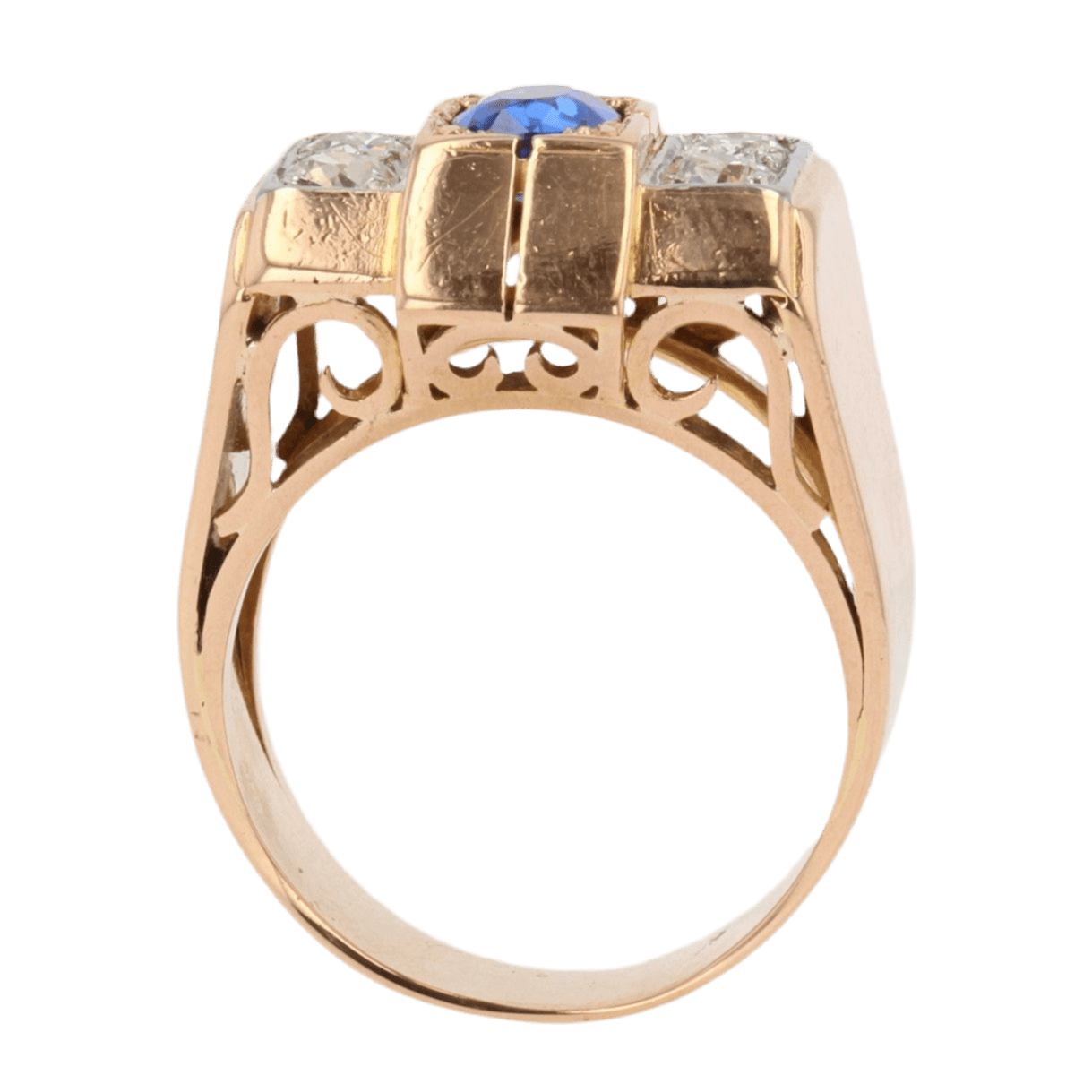 Bague Tank en or rose, platine, saphir et diamants - Castafiore